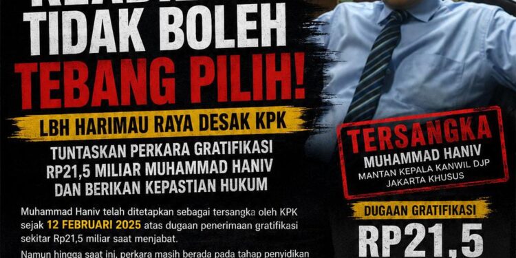 Keadilan Tidak boleh Tebang Pilih! LBH Harimau Raya Desak  KPK Tuntaskan Perkara Gratifikasi RP21,5 Miliar Muhammad Haniv dan Berikan Kepastian Hukum